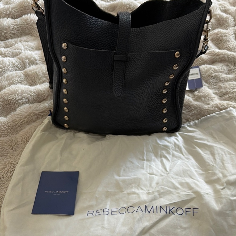 Rebecca Minkoff Navy Blue Pebbled Leather Shoulder Bag with Gold Stud
